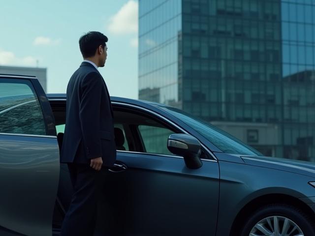 出張でセダンに乗り込むビジネスパーソン
